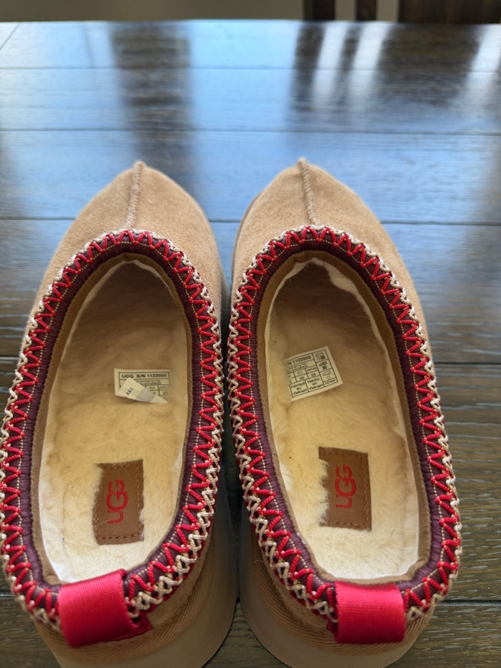 UGG Chestnut Suede Slip-On Slippers with Red Trim- Never worn (no box, no tags) - Picture 3 of 5